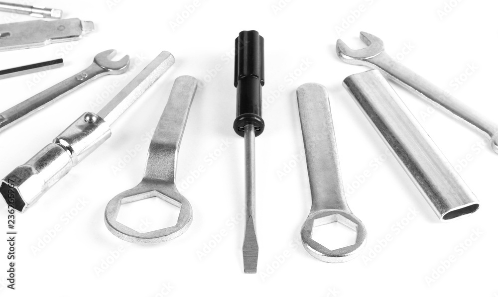 Set of tools. Close up. Isolated on white background Set of tools. Close up. Isolated on white background