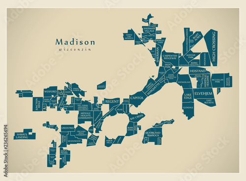 Modern City Map - Madison Wisconsin city of the USA with neighborhoods and titles