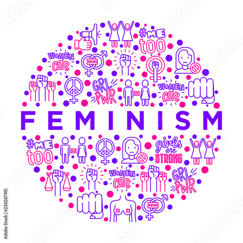 Feminism concept in circle with thin line icons: women's rights, girl power, gender equality, sex dicrimination, me too, protest, girls are strong. Modern vector illustration, print media template.