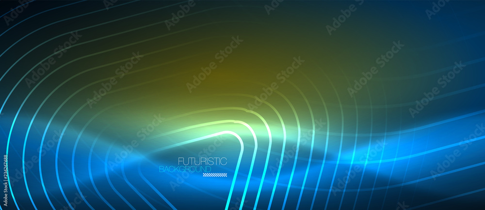 Neon glowing techno lines, hi-tech futuristic abstract background template with geometric shapes Neon glowing techno lines, hi-tech futuristic abstract background template with geometric shapes