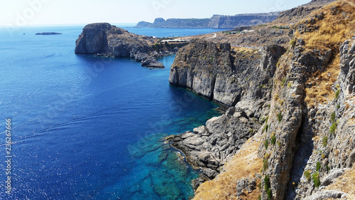 Views of the Bay of the Mediterranean sea in the town of Lindos. The Island Of Rhodes. Greece