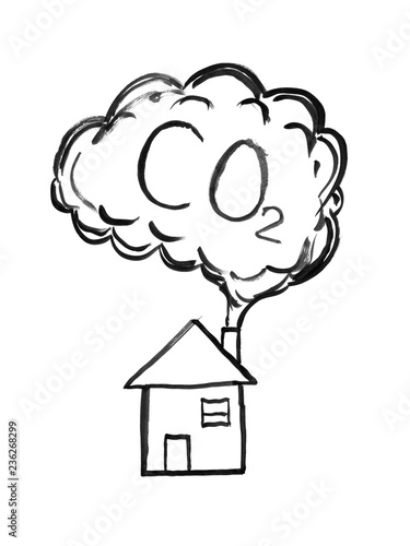 Black brush and ink artistic rough hand drawing of smoke coming from house chimney into air. Environmental concept of carbon dioxide or CO2 pollution.