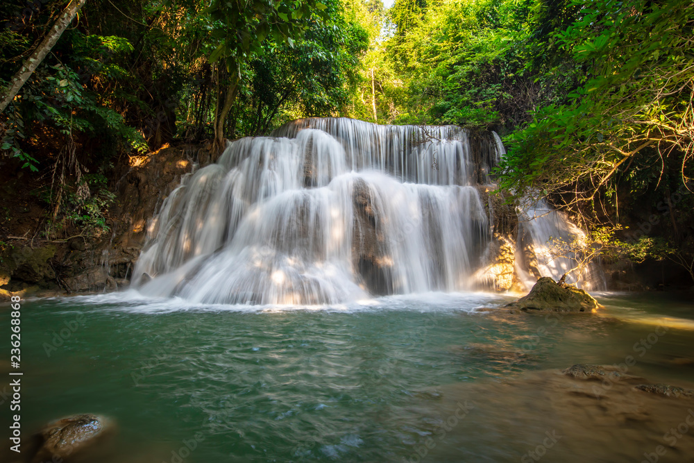 Beautiful of Huai Mae Khamin waterfall at Kanchanaburi, Thailand with tree forest background. Waterfall Floor 3 