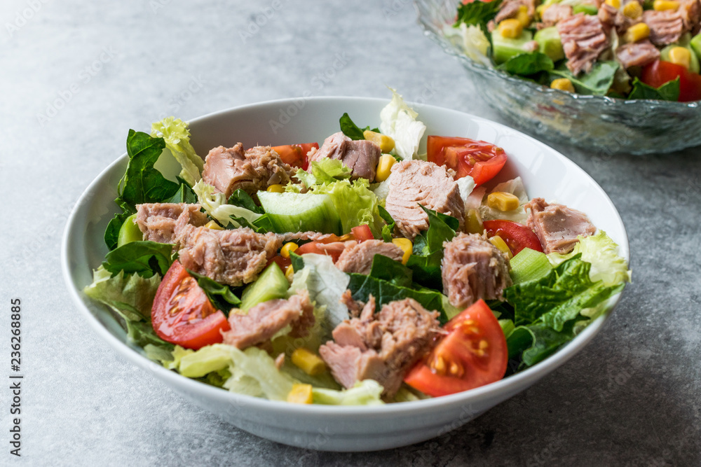 Tuna Fish Salad with Lettuce, Cherry Tomatoes, Cucumber and Corn. Tuna Fish Salad with Lettuce, Cherry Tomatoes, Cucumber and Corn.