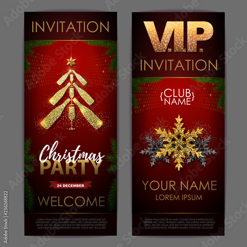 Christmas poster with golden champagne bottles. Invitation design. Pyramid of champagne bottles