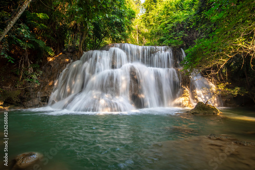 Beautiful of Huai Mae Khamin waterfall at Kanchanaburi, Thailand with tree forest background. Waterfall Floor 3 "Wangnapha"