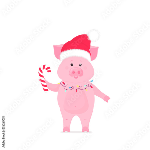 Pig in santa claus hat and christmas garland holding striped candy