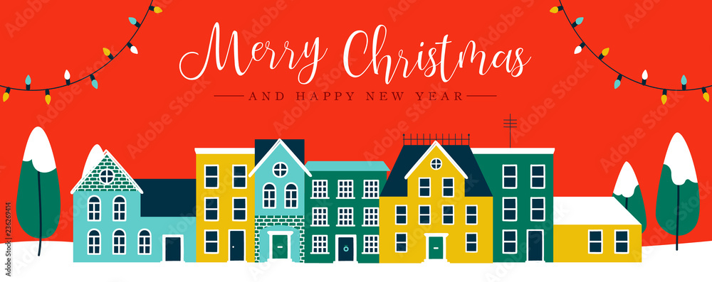 Christmas and New Year red city houses banner