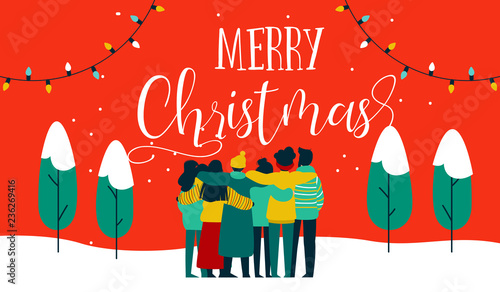 Christmas diverse friend group hug greeting card