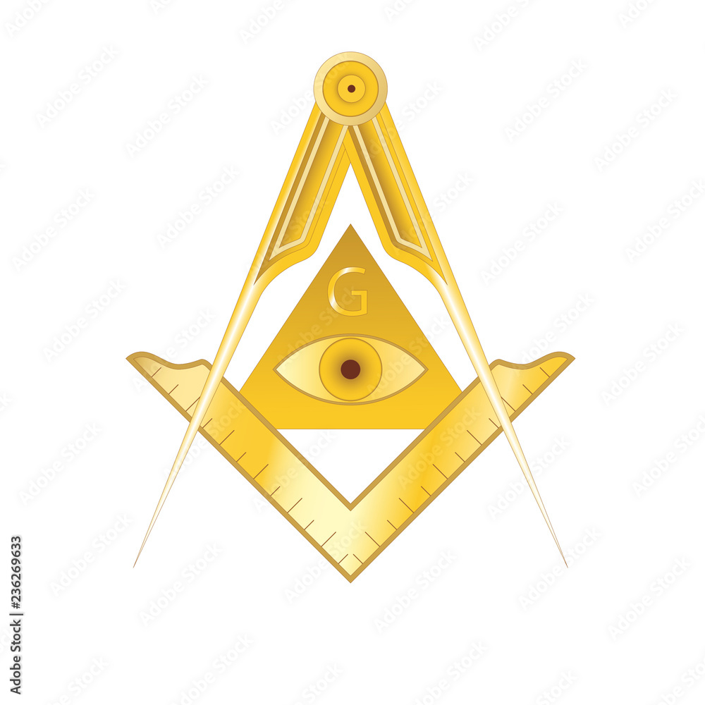 Golden masonic square and compass symbol, with triangle, eye and G ...