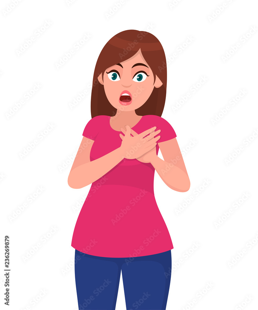 Young attractive shocked woman holds hands on chest. Sick woman with heart attack, pain, health problem holding touching her chest with hands. Human emotion concept illustration in vector cartoon. Young attractive shocked woman holds hands on chest. Sick woman with heart attack, pain, health problem holding touching her chest with hands. Human emotion concept illustration in vector cartoon.