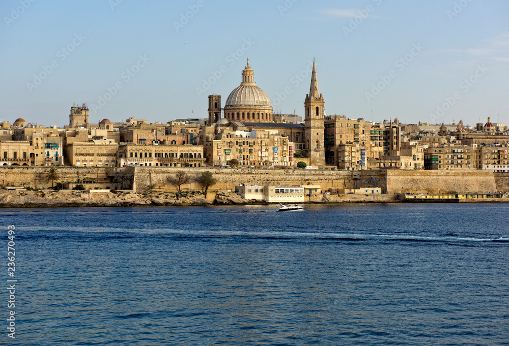 Valletta, Malta - aug 1, 2018: Sea view of Valletta city - the capital of Malta with Basilica of Our Lady of Mount Carmel in Valletta, Malta. Culture capital 2018. Valletta, Malta
