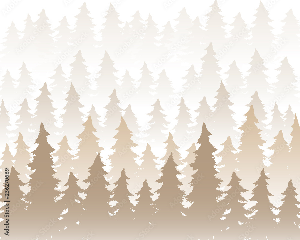 Vector panorama of wild coniferous forest in the morning fog