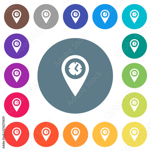 Arrival time GPS map location flat white icons on round color backgrounds