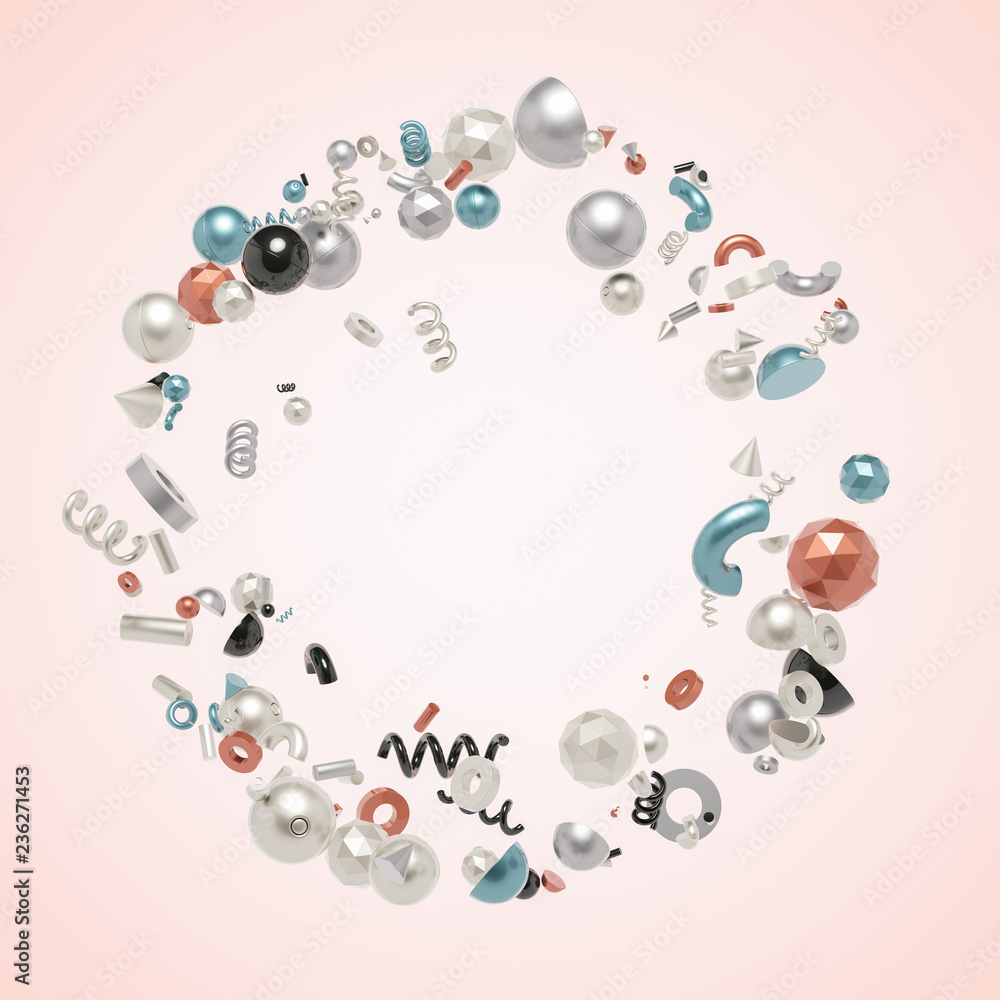 Abstract concept of 3d render frame with realistic flying shapes primitives composition. Abstract concept of 3d render frame with realistic flying shapes primitives composition.