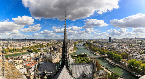 Spire of the Notre-Dame de Paris church in panoramic view