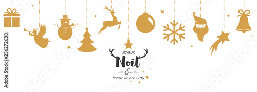 Carte de Noël 2019 avec boules dorées suspendues