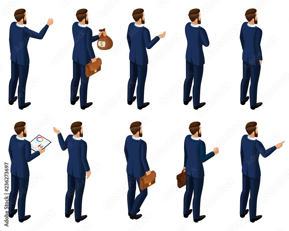 Isometrics set of men in a suit, rear view for concepts on the theme of business. Beautiful hairstyle stylish clothes, good candidate Isometrics set of men in a suit, rear view for concepts on the theme of business. Beautiful hairstyle stylish clothes, good candidate