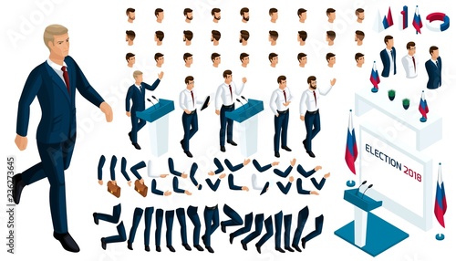 Isometric Constructor of the President with a set of gestures and emotions. Create your character in isometric. A large set of accessories for elections and voting