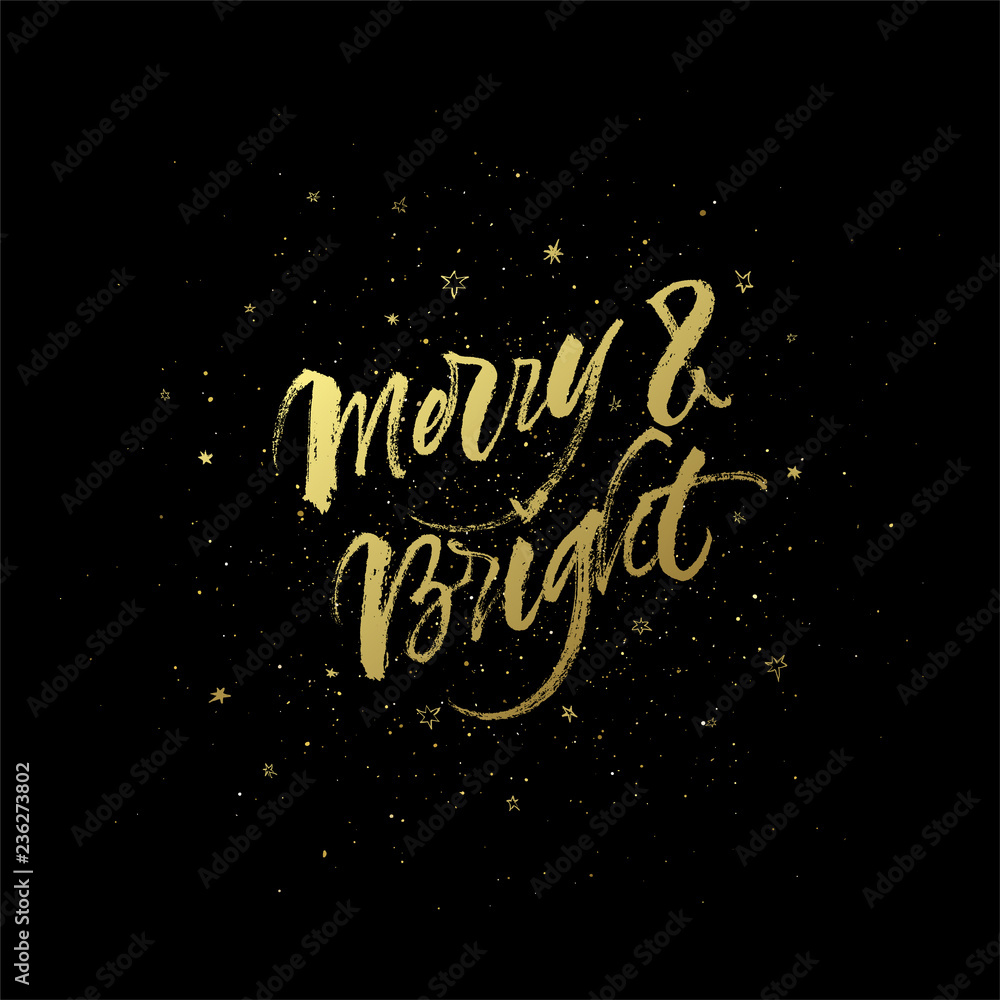 Merry & Bright golden Christmas greeting card