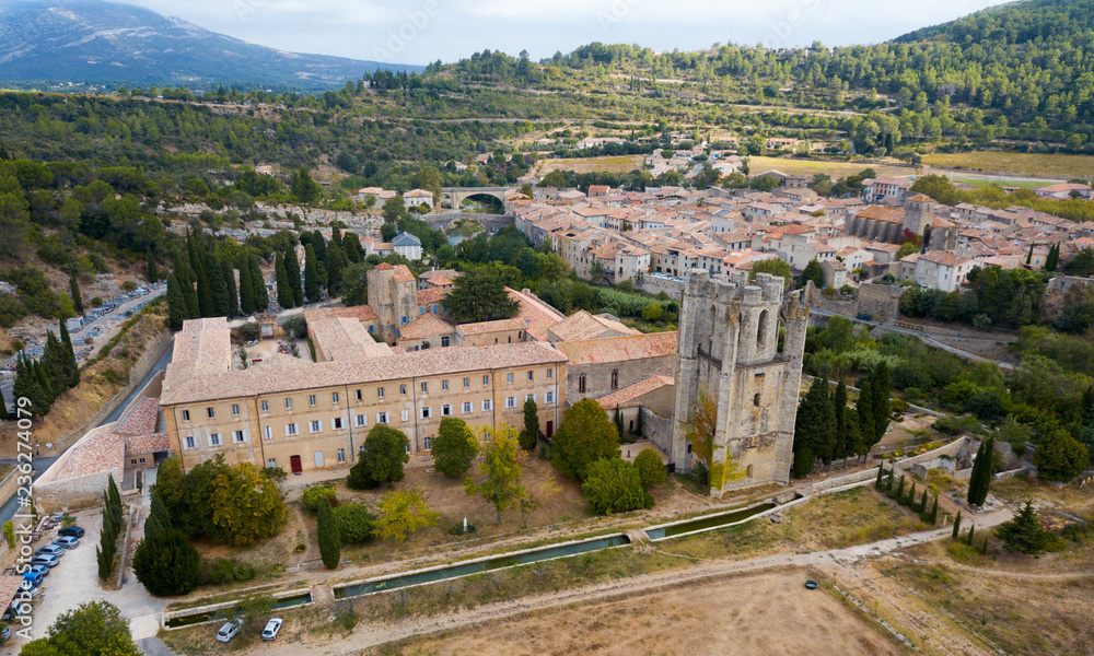 Aerial view  of Castle of Abbey Sainte-Marie d'Orbieu in Lagrasse