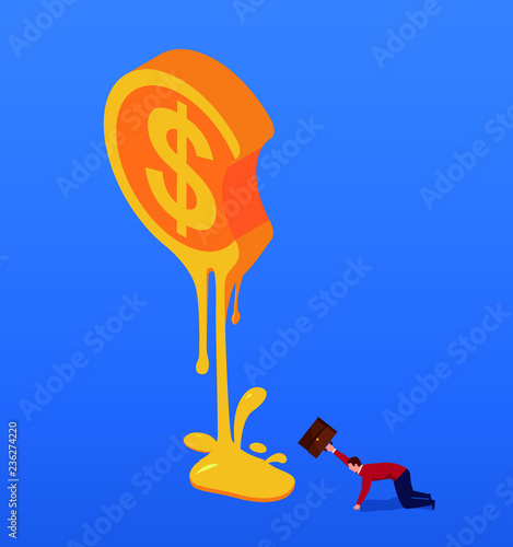 Melting gold coins and desperate businessman
