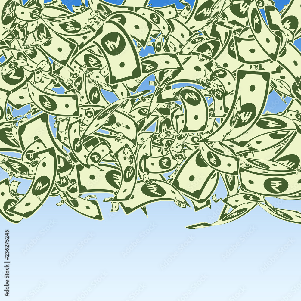 Indian rupee notes falling. Messy INR bills on blu Indian rupee notes falling. Messy INR bills on blu