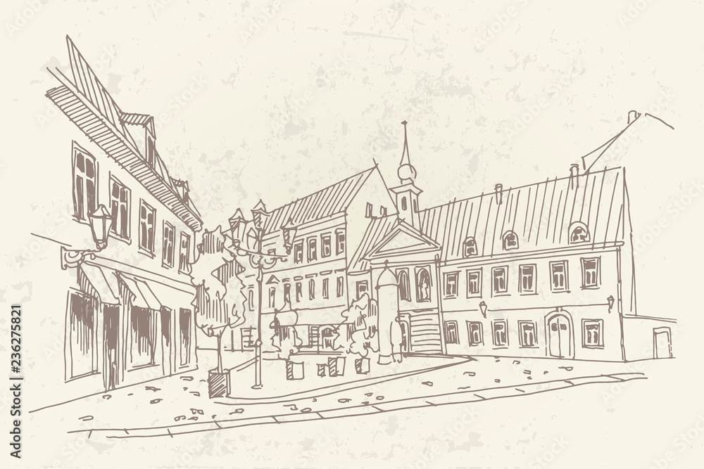 Hand drawn ink line sketch of european street. Zagreb, Croatia.