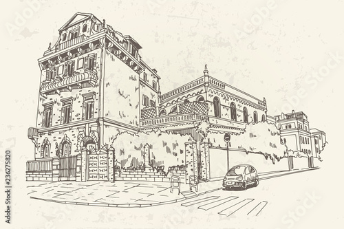 Vector sketch of street scene in Rome, Italy.