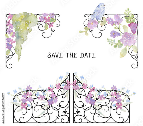 Forged fence and corner border with pink roses, leaf, bird, forget me not flowers. Vintage baroque ornament and romantic garden flowers. Watercolor illustration photo