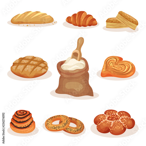 Fresh baked bread and bakery pastry products set, loaf, sweet buns, croissant, bagels vector Illustration on a white background