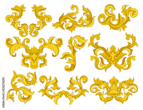 Vector set of golden baroque ornaments. Luxurious floral patterns. Decorative elements for invitation or greeting card