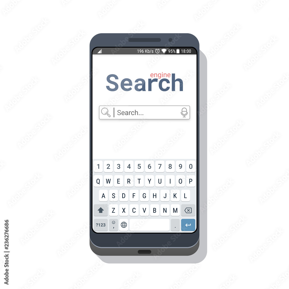 Smartphone with search application template or mobile web browser with a  virtual keyboard. Web page design with search field and voice typing icon.  Vector illustration Векторный объект Stock | Adobe Stock