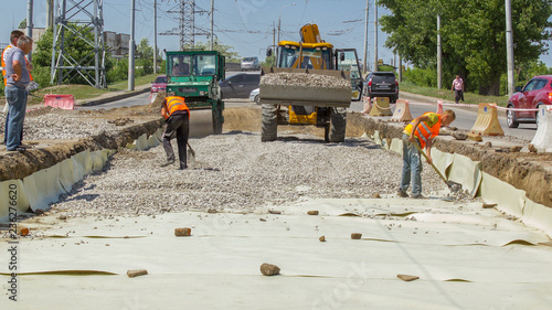 Work bulldozer on the construction of a road timelapse photo