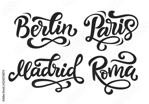 Paris, Berlin, Madrid, Rome modern city hand written brush lettering set