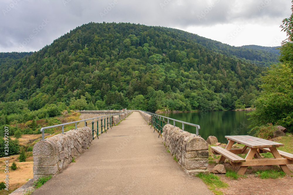 Bridge near Alfred lake in Vosges mountain in France.