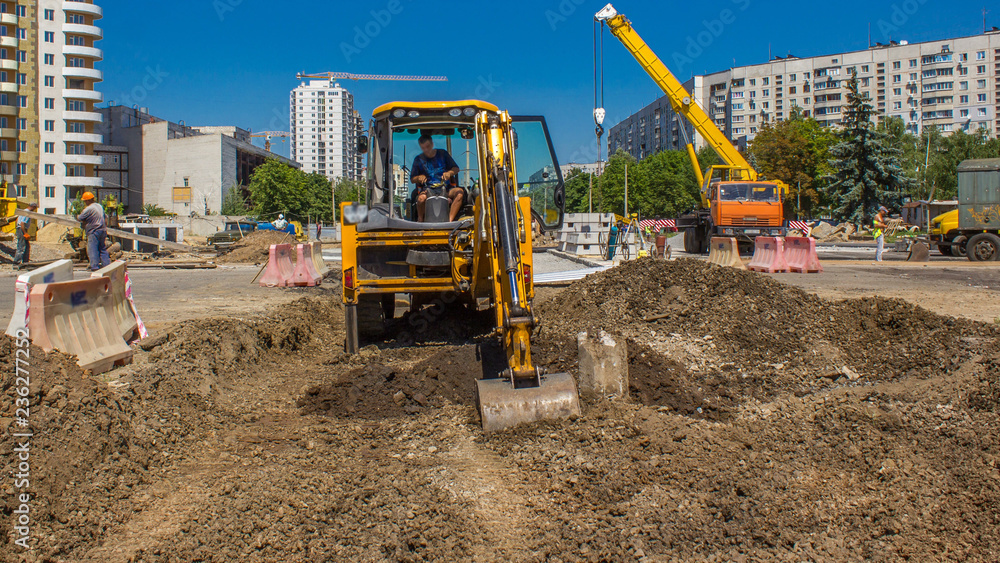 Industrial truck loader excavator moving earth and diging ground timelapse Industrial truck loader excavator moving earth and diging ground timelapse