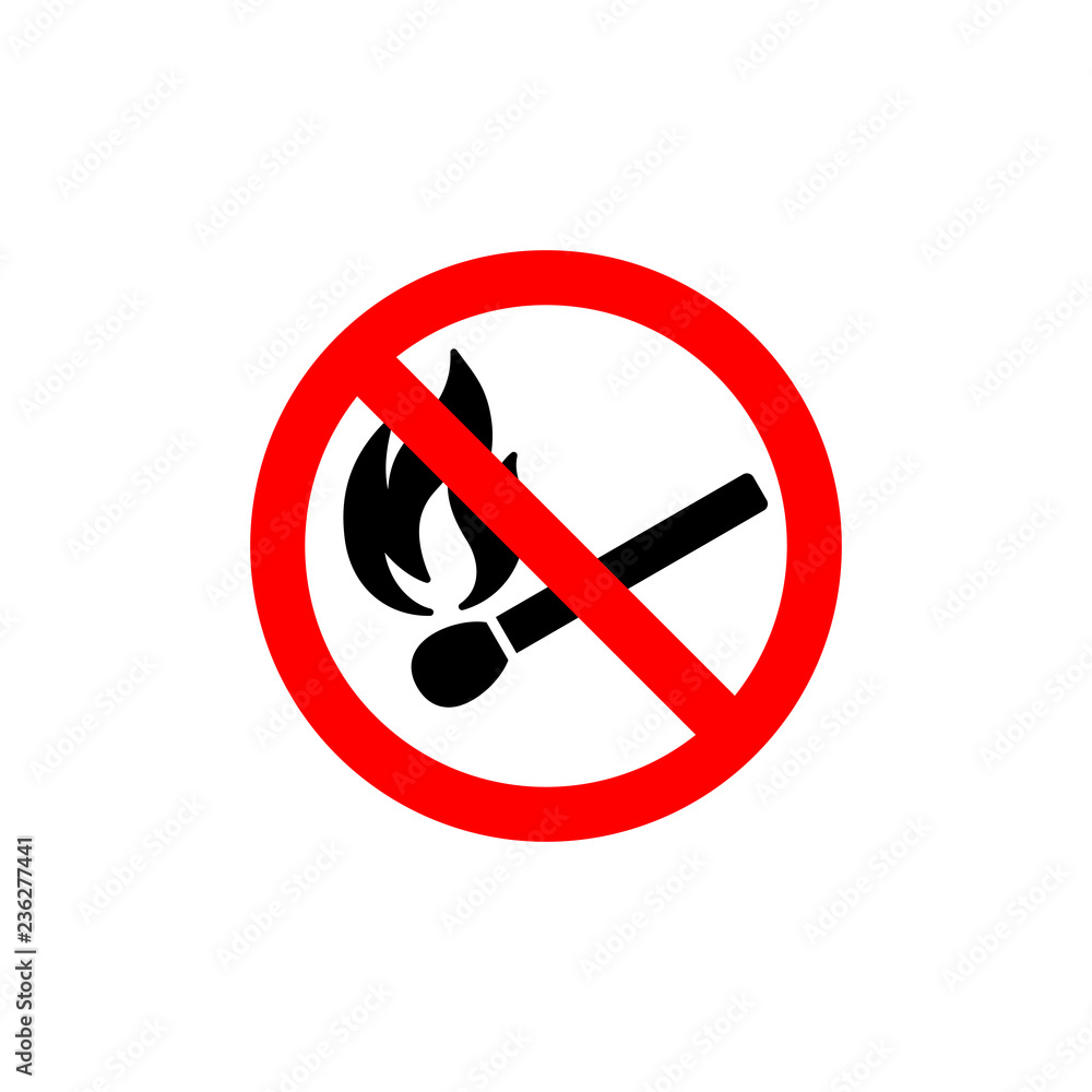 No open fire burning symbol. Black matchstick with flame in red crossed circle. Forbidden sign with burning matchstick. Prohibition sign. No open fire burning symbol. Black matchstick with flame in red crossed circle. Forbidden sign with burning matchstick. Prohibition sign.