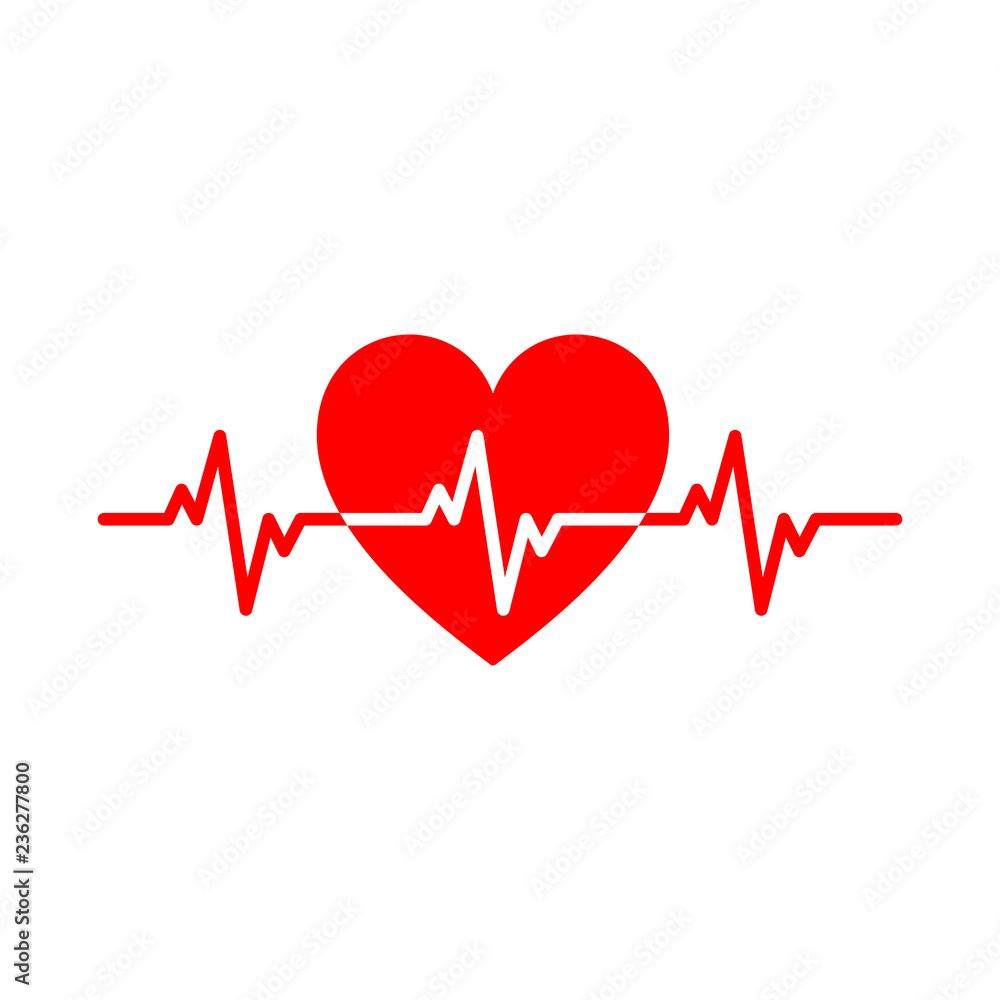 Red isolated icon of heart with white pulse line on white background. Silhouette of heart. Flat design. Symbol of healthy lifestyle and love.
