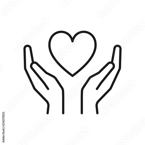 Black isolated outline icon of heart in hands on white background. Line icon of heart and hands. Symbol of care, love, charity.