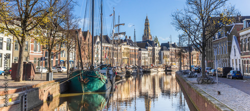 Panorama of historic ships and warehouses in the center of Groningen, The Netherlands photo