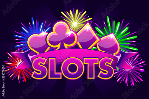 Screen logo slots, banner on violet background with icons, ribbon and fireworks, background game screensaver. Vector illustration
