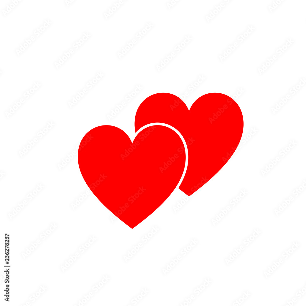 Red isolated icon of two hearts on white background. Silhouette of two hearts. Flat design. Symbol of love.