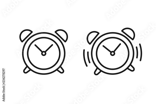 Black isolated outline icon of alarm clock and ringing alarm clock on white background. Set of line Icons of alarm clock.