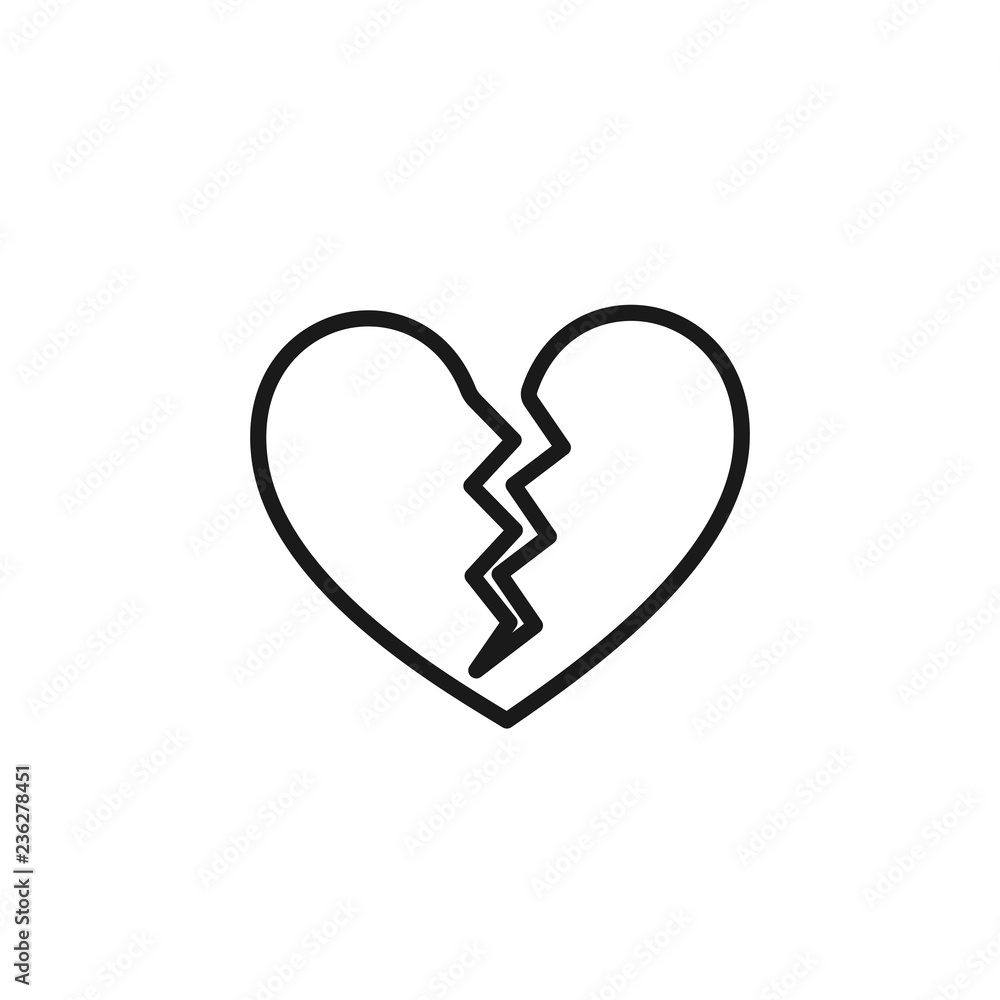 Black isolated outline icon of broken heart on white background. Line Icon  of broken heart. Stock Vector | Adobe Stock
