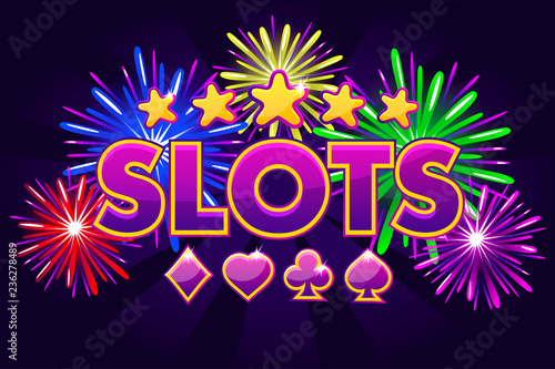 Screen logo slots, banner on violet background with icons, stars and fireworks, background game screensaver. Vector illustration