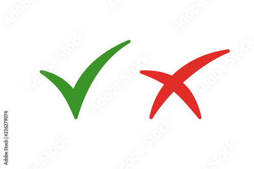 Set of color isolated icons of cross and tick on white background. Green and red icon of check. Green yes. Red no.