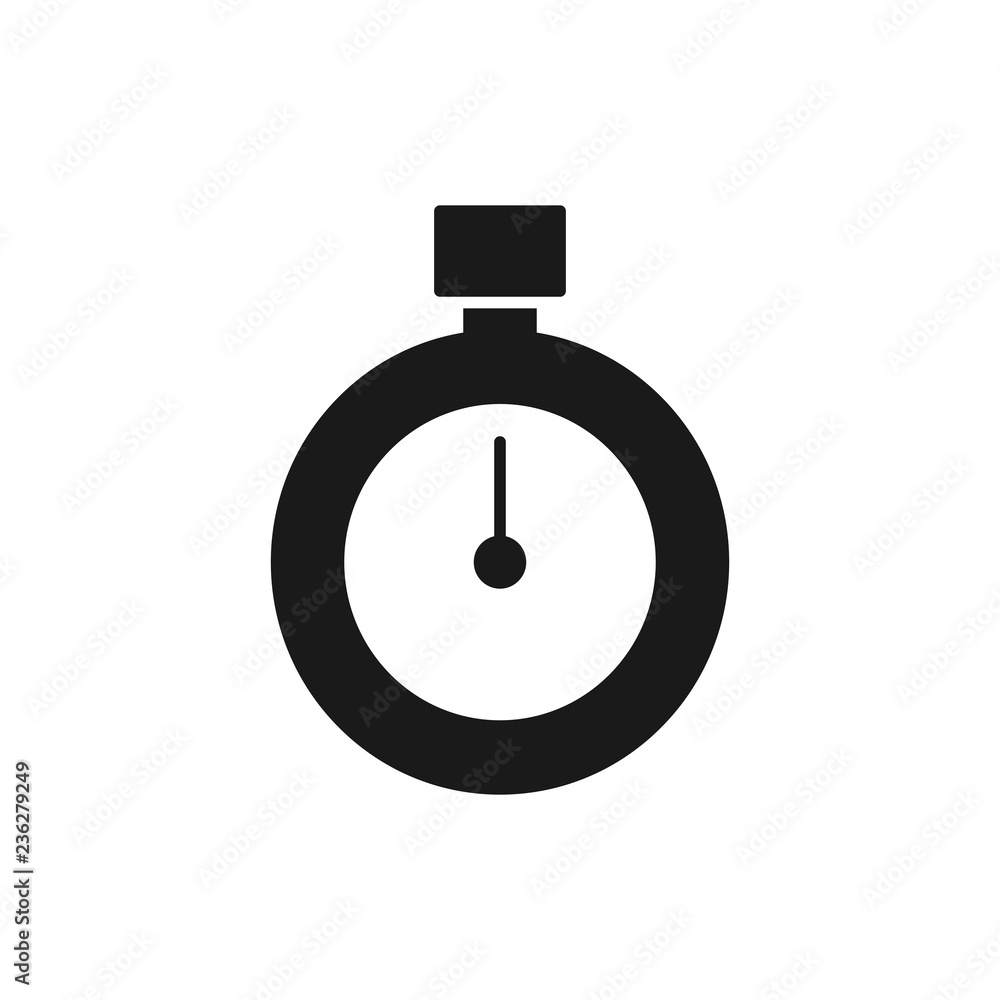Black isolated icon of stop watch on white background. Silhouette of stopwatch. Flat design. Black isolated icon of stop watch on white background. Silhouette of stopwatch. Flat design.