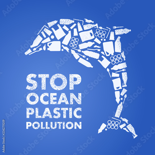 Stop ocean plastic pollution. Ecological poster. Dolphin composed of white plastic waste bag, bottle on blue background.