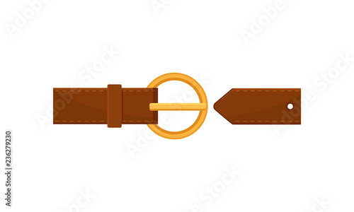 Flat vector ion of stylish brown leather belt with circle golden buckle. Trendy accessory. Element of clothing